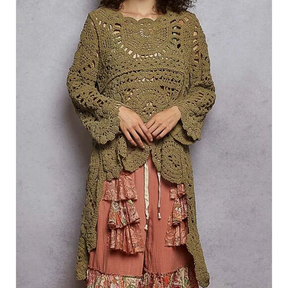 POL Boho Weave Crochet Pullover Sweater Olive NEW - Picture 3 of 5